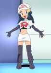  1girl :d absurdres beanie black_hair black_shirt blue_eyes boots commentary_request cosplay cropped_jacket dawn_(pokemon) elbow_gloves eyelashes full_body gloves hainchu hair_ornament hairclip hat highres jacket jessie_(pokemon) jessie_(pokemon)_(cosplay) logo long_hair navel open_mouth pokemon pokemon_(anime) pokemon_dppt_(anime) shirt sidelocks skirt smile solo standing team_rocket team_rocket_uniform thigh_boots tongue white_headwear white_jacket white_skirt 