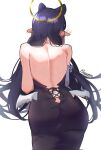  1girl ass auraaa back backless_outfit bare_shoulders black_hair blush ear_blush halo highres hololive hololive_english long_hair low_wings ninomae_ina&#039;nis pointy_ears simple_background solo virtual_youtuber white_background wings 