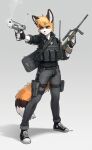  absurd_res anthro assault_rifle backpack bottomwear bulletproof_vest canid canine clothed clothing desert_eagle footwear fox gun handgun hi_res holster jacket male mammal pants pgm300 pistol pouches ranged_weapon rifle shoes simple_background sneakers solo standing steyr_aug topwear weapon 