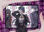  2boys 2girls :d ahoge bangs black_hair black_jacket black_skirt blue_hair brown_ribbon buttons danganronpa_(series) danganronpa_v3:_killing_harmony double-breasted dress_shirt facial_hair geruidoshifa glasses goatee hair_ornament hair_scrunchie harukawa_maki jacket long_hair looking_at_viewer low_twintails momota_kaito multiple_boys multiple_girls neck_ribbon open_clothes open_jacket open_mouth red_scrunchie red_shirt ribbon saihara_shuuichi scrunchie shirogane_tsumugi shirt shirt_tucked_in skirt smile spiked_hair striped striped_jacket translation_request twintails white_shirt 