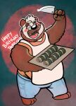  2022 anthro apron belly big_belly black_nose blush bottomwear brown_body brown_fur clothing eyes_closed facial_hair food fur hi_res jakegr knife male mammal mustache overweight overweight_male pants shirt solo sushi topwear ursid 