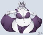  2019 4k abstract_background absurd_res anthro antlers artist_name belly belly_dancer big_belly big_breasts blush bottomwear breasts cleavage clothed clothing crop_top digital_drawing_(artwork) digital_media_(artwork) fangs felid female fur grey_hair hair hair_over_eyes hi_res horn huge_breasts hybrid inner_ear_fluff loincloth machairodontine mammal navel nipple_outline overweight overweight_anthro overweight_female sharp_teeth shirt signature simple_background skimpy smile solo superix teeth thick_thighs topwear tuft unknown_species vaeniss_kotton white_body white_fur wide_hips 