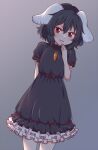  1girl alternate_color animal_ears black_dress black_hair carrot_necklace dress floppy_ears inaba_tewi player_2 puffy_short_sleeves puffy_sleeves rabbit_ears rabbit_girl red_eyes ribbon-trimmed_dress ribbon-trimmed_skirt ribbon_trim short_hair short_sleeves solo touhou wavy_hair wool_(miwol) 