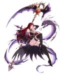  1girl absurdres bangs bare_shoulders black_legwear blush breasts commentary_request dress full_body hair_ornament high_heels highres holding holding_weapon king&#039;s_raid lips long_hair looking_at_viewer medium_breasts mole mole_under_eye official_art parted_lips polearm red_eyes red_hair scythe shiny shiny_hair simple_background sleeveless smile solo taejoo_lee thighhighs thighs weapon white_background 
