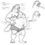  abdominal_bulge absurd_res after_vore anthro belly big_belly bodily_fluids boxers_(clothing) bulge burping clothing dialogue drooling eyes_closed hand_on_stomach hi_res hyaenid male mammal open_mouth rumbling_stomach saliva same_size_vore sharp_teeth teeth text tongue tongue_out underwear vore yaboikenta 