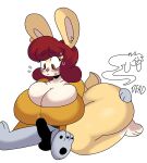  absurd_res anthro big_breasts bottomless breasts cleavage clothed clothing female genitals hi_res huge_breasts lagomorph leporid lewd_dorky male male/female mammal penis rabbit shirt simple_background topwear white_background 