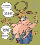  &lt;3 after_vore anthro antlers beastars belly belly_rub big_belly blush brown_body brown_eyes brown_fur cervid clothing dialogue disembodied_hand duo fur horn legoshi_(beastars) louis_(beastars) male male/male mammal overweight overweight_male sinscaliecringe_(artistdragon) sweater text thick_thighs topwear vore weight_gain 