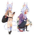  1girl alternate_costume animal_ear_fluff animal_ears arm_warmers bag black_footwear black_skirt breasts ear_piercing english_commentary extra_ears fox_ears fox_girl hair_behind_ear highres holding holding_bag holding_phone looking_to_the_side low_twintails navel nijisanji nijisanji_en nina_kosaka phone piercing purple_shirt shirt shoes shou_(noodle0306) sketch skirt small_breasts sneakers squatting stomach tube_socks twintails virtual_youtuber white_footwear younger 