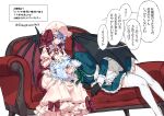  2girls apron bat_wings blue_eyes blush bow braid collared_shirt couch embarrassed gloves grey_hair hat headpat highres himadera izayoi_sakuya lap_pillow maid mob_cap multiple_girls pink_shirt purple_hair red_eyes remilia_scarlet shirt short_hair sitting skirt smile thighhighs thighs touhou translated vampire white_background wings yuri 