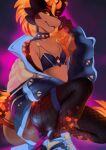  anthro bra clothing collar ember_(disambiguation) fire flaming_hair footwear glowing horn jacket kobold lava legwear liloli_(artist) nonbinary_(lore) pinup pose pseudo_hair shoes simple_background smile sneakers solo tight_clothing tights topwear underwear yellow_eyes 