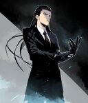  1boy adjusting_clothes adjusting_gloves bindi black_background black_eyes black_gloves black_hair black_jacket black_pants black_suit cofffee final_fantasy final_fantasy_vii final_fantasy_vii_remake formal gloves grey_background hair_slicked_back jacket long_hair looking_to_the_side necktie pants shirt sideburns solo suit tseng two-tone_background upper_body white_shirt 