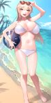  1girl :d absurdres arm_up ball bare_arms bare_shoulders barefoot beach beachball bikini blonde_hair breasts cleavage day eyewear_on_head full_body furen_e_lustario halter_top halterneck hand_on_eyewear highres holding large_breasts long_hair looking_at_viewer navel nijisanji open_mouth outdoors red_eyes smile solo standing stomach string_bikini sunglasses swimsuit thighs ubo_(ubo_tales) virtual_youtuber white_bikini 