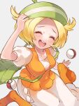  1girl :d bag beret bianca_(pokemon) blonde_hair blush breasts closed_eyes commentary_request dress eyelashes green_bag green_headwear hand_on_headwear hat highres no_shoes open_mouth orange_legwear orange_vest pantyhose poke_ball poke_ball_(basic) pokemon pokemon_(game) pokemon_bw sasairebun short_hair short_sleeves shoulder_bag sitting smile solo teeth tongue upper_teeth vest white_dress 