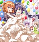  6+girls :d ^_^ aqua_eyes balloon bangs bare_shoulders blonde_hair blue_hair blue_sky bouquet bridal_veil bride brown_hair carrying closed_eyes commentary_request day diadem dress elbow_gloves endou_yuki formal gloves hair_between_eyes happy highres holding holding_bouquet inose_mai jewelry koisuru_asteroid konohata_mira light_brown_hair manaka_ao morino_mari multiple_girls necklace one_side_up open_mouth orange_eyes orange_hair outdoors princess_carry purple_hair ruu_(tksymkw) sakurai_mikage short_hair sky smile suit twintails veil wedding wedding_dress white_dress white_gloves wife_and_wife yuri 