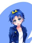  1girl alternate_hair_length alternate_hairstyle bangs blue_eyes blue_hair blue_jacket bow collarbone fang hair_between_eyes hair_bow highres jacket kirakira_precure_a_la_mode long_sleeves looking_at_viewer manekineko5319 open_clothes open_jacket open_mouth precure shiny shiny_hair shirt short_hair sketch solo tategami_aoi upper_body white_shirt yellow_bow 