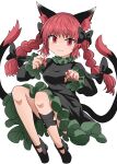  1girl :3 animal_ears bangs black_bow black_dress black_footwear bow braid cat_ears cat_tail chups closed_mouth dress extra_ears full_body hair_bow high_heels highres kaenbyou_rin long_hair long_sleeves looking_at_viewer multiple_tails nekomata red_eyes red_hair red_nails side_braids smile solo tail touhou twin_braids two_tails white_background 