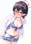  1girl ayane_(blue_archive) ayane_(swimsuit)_(blue_archive) bare_shoulders bikini black_hair blue_archive blue_bikini blue_shorts braid breasts cleavage clothes_pull collarbone cowboy_shot drawstring french_braid front-tie_bikini front-tie_top frown glasses halo halter_top halterneck highres jacket long_sleeves looking_at_viewer medium_breasts medium_hair miso_(misomiso_154) navel off_shoulder open_clothes open_fly open_jacket open_mouth pointy_ears red-framed_eyewear short_shorts shorts shorts_pull side-tie_bikini solo stomach string_bikini striped striped_bikini swimsuit undressing white_jacket yellow_eyes 