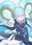  1girl aqua_hair bangs black_dress black_scarf braid closed_mouth commentary crown_braid curled_horns dress fate/grand_order fate/grand_order_arcade fate_(series) green_horns hair_between_eyes highres horns larva_tiamat_(fate) long_hair long_horns looking_at_viewer pantyhose pink_eyes pointy_ears ribbed_dress scarf short_dress short_eyebrows sitting sleeves_past_fingers sleeves_past_wrists smile solo symbol-shaped_pupils thighs tiamat_(fate) twintails very_long_hair vogel white_background white_legwear x-shaped_pupils x_x 