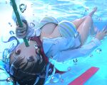  1girl air_bubble asuka_(senran_kagura) bamboo barefoot bikini bow breasts breathing_tube brown_eyes brown_hair bubble cleavage diving floating holding large_breasts long_sleeves looking_at_viewer open_clothes open_shirt pool red_scarf scarf senran_kagura shirt solo sparkle striped striped_bikini suspension swimsuit toes underwater water white_shirt yaegashi_nan 