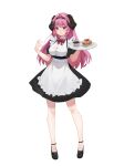  1girl absurdres apron bangs bare_arms bow breasts cream cream_on_face demon_girl demon_horns eyebrows_behind_hair food food_on_face hair_between_eyes hairband highres horns long_hair maid maid_apron maid_headdress original pink_hair ribbon shixuexiao simple_background skirt slyvia solo white_background 