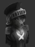  3:4 anthro armor canid chest_tuft clothing ellen_heart female fur general-irrelevant grey_background headgear helmet hi_res looking_aside mammal military_uniform portrait simple_background smile solo tuft uniform 