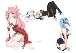  3girls absurdres animal_ears ass back bangs bare_arms bare_shoulders barefoot black_legwear blue_hair breasts chinese_clothes eula_(genshin_impact) eyebrows_behind_hair fox_ears fox_tail genshin_impact hair_ornament hairband highres japanese_clothes light_blue_hair long_hair looking_at_viewer looking_to_the_side lying miko multiple_girls pantyhose pink_hair shenhe_(genshin_impact) short_hair simple_background sitting tail thighhighs toes white_background yae_miko 