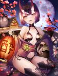  1girl absurdres bangs bare_shoulders bob_cut breasts collarbone eyeliner fate/grand_order fate_(series) headpiece highres horns japanese_clothes kimono kyo_(maae00) long_sleeves looking_at_viewer makeup oni oni_horns open_mouth purple_eyes purple_hair purple_kimono revealing_clothes short_hair shuten_douji_(fate) skin-covered_horns small_breasts smile solo wide_sleeves 