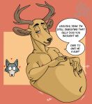  after_vore anthro antlers beastars belly big_belly blush brown_body brown_eyes brown_fur canid canine canis cervid dialogue duo fur grey_body grey_fur hand_on_stomach horn legoshi_(beastars) louis_(beastars) male male/male mammal rumbling_stomach same_size_vore scar sinscaliecringe_(artistdragon) text vore wolf 