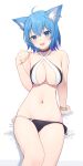  1girl 774_inc. :d ahoge animal_ear_fluff animal_ears bare_arms bare_shoulders bikini black_bikini black_choker black_ribbon blue_eyes blue_hair blush bracelet breasts choker cleavage cleavage_cutout clothing_cutout collarbone criss-cross_halter ear_piercing feet_out_of_frame halter_top halterneck highres jewelry large_breasts looking_at_viewer medium_breasts navel nishino_eri open_mouth paw_pose piercing ribbon short_hair side-tie_bikini sitting smile solo souya_ichika stomach swimsuit two-tone_bikini virtual_youtuber white_bikini white_ribbon 