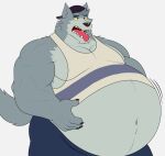  anthro belly big_belly black_nose bloated canid canine canis clothing fur grey_body grey_fur hat headgear headwear hi_res hidi male mammal muscular muscular_male open_mouth sharp_teeth shirt solo tank_top teeth tongue tongue_out topwear wolf yellow_sclera 