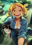  1girl absurdres animal aquarium bangs bird blonde_hair blue_pants blue_shirt blush boku_no_hero_academia breast_pocket breasts collarbone collared_shirt commentary english_commentary fish highres holding holding_animal khyle. looking_at_viewer messy_hair open_clothes open_mouth open_shirt outstretched_arm pants patreon_logo patreon_username penguin pocket reaching_out shirt smile solo_focus standing standing_on_one_leg tile_floor tiles toga_himiko web_address yellow_eyes 