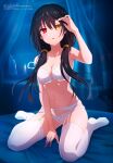  1girl absurdres black_hair bra clock_eyes date_a_live garter_belt heterochromia highres lace-trimmed_bra lace-trimmed_panties lace_trim lingerie looking_at_viewer megami_magazine non-web_source official_art on_bed open_mouth panties red_eyes roman_numeral sitting solo symbol-shaped_pupils thighhighs tokisaki_kurumi twintails underwear white_bra white_legwear yellow_eyes 