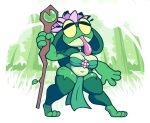  alternate_version_at_source amphibian anthro bottomwear breasts cleavage clothed clothing female forest forest_background frog hi_res loincloth nature nature_background navel non-mammal_breasts plant scribsart slightly_chubby solo thick_thighs tongue tongue_out tree 