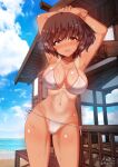  1girl akiyama_yukari aquaegg armpits arms_up beach bikini blush breasts brown_eyes brown_hair cameltoe cleavage collarbone eyebrows_behind_hair girls_und_panzer highres large_breasts navel outdoors shiny shiny_hair short_hair side-tie_bikini sky solo sweat swimsuit white_bikini 