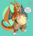  after_vore anthro belly big_belly charizard dialogue hand_on_stomach hi_res male markings muscular muscular_male nintendo pok&eacute;mon pok&eacute;mon_(species) rumbling_stomach same_size_vore sinscaliecringe_(artistdragon) text video_games vore wings 