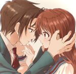  1boy 1girl 621_joker_123 :d asahina_mikuru blazer blue_sailor_collar brown_hair closed_eyes collared_shirt couple from_side hetero highres jacket kita_high_school_uniform koizumi_itsuki long_hair long_sleeves open_mouth portrait profile sailor_collar sailor_shirt school_uniform shiny shiny_hair shirt short_hair smile suzumiya_haruhi_no_yuuutsu white_shirt 