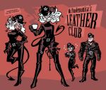  1boy 3girls absurdres angel azazel_(helltaker) camera coffee_cup collar cup demon_girl demon_tail disposable_cup gachimuchi heart heart-shaped_pupils helltaker helltaker_(character) highres leather leather_belt leather_suit modeus_(helltaker) multiple_girls pandemonica_(helltaker) recording red_background spiked_collar spikes sunglasses symbol-shaped_pupils tail vanripper white_hair 