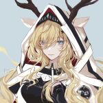  1girl animal_ears antlers_through_headwear arknights artist_name black_gloves black_shirt blonde_hair blue_background blue_eyes cape dated deer_antlers deer_ears deer_girl ears_through_headwear gloves hair_between_eyes hair_over_one_eye hand_up heart heart_in_eye highres hood hooded_cape lips long_hair looking_at_viewer partially_fingerless_gloves rico_(hokori93) shirt simple_background solo symbol_in_eye upper_body viviana_(arknights) wavy_hair white_cape 