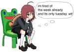  1girl ahoge aiu404l arm_support backpack bag black_skirt blush_stickers brown_footwear chair english_text grey_jacket highres jacket leaning_forward loafers long_sleeves miniskirt monster_energy original parted_lips red_eyes red_hair shoes sitting skirt socks solo white_legwear 