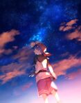  1boy bandana belt black_shirt blue_eyes blue_hair blue_shorts boots chrono_cross cloud cloudy_sky gloves highres jewelry looking_back night night_sky pendant red_bandana serge_(chrono_cross) shirt short_hair short_sleeves shorts sky solo sunakumo t-shirt upper_body 