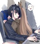  2girls blue_hair blue_hoodie bow bow_earrings brown_hair brown_hoodie chair earrings emoticon feather_hair_ornament feathers glaciel hair_intakes hair_ornament highres hololive hololive_english hood hoodie hug jewelry keyboard_(computer) long_hair mouse_(computer) multiple_girls nanashi_mumei office_chair ouro_kronii ponytail short_hair sitting sitting_on_lap sitting_on_person smile very_long_hair virtual_youtuber yuri 