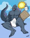  absurd_res anthro big_penis bulge clothed clothing erection erection_under_clothing eyes_closed genitals godzilla godzilla_(series) hi_res male mature_male muscular muscular_male penis scalie sharp_teeth sleeping solo teeth tenting toho tongue tongue_out underwear wani_panic 