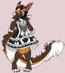  2_horns 4_eyes anthro bashful black_sclera black_tongue blush bow_ribbon claws clothed clothing curved_horn digital_media_(artwork) dress feminine_pose frilly frilly_clothing girly horn knees_together kobold lace looking_at_viewer maid_uniform male mask multi_eye open_mouth pink_clothing reptile ribbons ribr0t scalie shooks shooksbold shy simple_background skull_mask small_horn smile solo standing toe_claws tongue uniform 