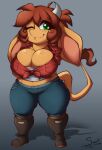  2019 4k abstract_background absurd_res anthro artist_name big_breasts boots bottomwear bovid bovine breast_squish breasts brown_hair cattle chibi cleavage clothed clothing curvaceous curvy_figure denim denim_clothing digital_drawing_(artwork) digital_media_(artwork) eyelashes female floppy_ears footwear freckles freckles_on_breasts fur green_eyes hair hi_res horn huge_breasts jeans las_lindas long_hair long_tail looking_at_viewer mammal midriff mora_linda one_eye_closed pants shirt signature simple_background smile solo squish superix tan_body tan_fur thick_thighs tied_shirt topwear voluptuous webcomic wide_hips wink winking_at_viewer 