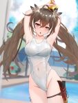  :o ahoge armpits arms_up bangs brown_eyes brown_hair chyraliss dagger feather_hair_ornament feathers hair_ornament highres hololive hololive_english knife long_hair multicolored_hair nanashi_mumei navel one-piece_swimsuit pool scabbard see-through sheath streaked_hair swimsuit twintails very_long_hair virtual_youtuber weapon 