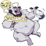  abdominal_bulge after_vore anthro beard belly big_belly burping clothing dialogue facial_hair fur haps hi_res jockstrap male mammal mature_male nipple_piercing nipples open_mouth piercing rumbling_stomach same_size_vore text underwear vore white_body white_fur 