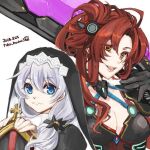  2018 2girls :3 :d artist_name artist_request bangs black_dress blue_eyes bodysuit breasts cleavage closed_mouth cross_(weapon) dress holding holding_sword holding_weapon honkai_(series) honkai_impact_3rd long_hair long_sleeves looking_at_viewer multiple_girls murata_himeko murata_himeko_(scarlet_fusion) nun open_mouth red_bodysuit simple_background sketch smile source_request sword theresa_apocalypse theresa_apocalypse_(valkyrie_pledge) veil weapon white_background white_hair yellow_eyes 