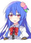  1girl bangs blue_hair blush bow bowtie breasts buttons collared_shirt commentary_request e.o. eyes_visible_through_hair food frills fruit hair_between_eyes hair_ornament hinanawi_tenshi leaf leaf_hair_ornament long_hair looking_at_viewer medium_breasts no_hat no_headwear open_mouth peach puffy_short_sleeves puffy_sleeves red_bow red_bowtie shirt short_sleeves simple_background smile solo sweat sweatdrop tongue touhou upper_body white_background white_shirt yellow_eyes 