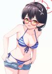  1girl ayane_(blue_archive) ayane_(swimsuit)_(blue_archive) bare_arms bare_shoulders bikini black_hair blue_archive blue_bikini blue_shorts braid breasts cleavage clothes_pull collarbone cowboy_shot french_braid front-tie_bikini front-tie_top frown glasses halo halter_top halterneck highres looking_at_viewer medium_breasts medium_hair miso_(misomiso_154) navel open_clothes open_fly open_mouth pointy_ears red-framed_eyewear short_shorts shorts shorts_pull side-tie_bikini solo stomach string_bikini striped striped_bikini swimsuit undressing yellow_eyes 