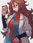  1girl android_21 blue_eyes breasts brown_hair checkered_clothes checkered_dress dragon_ball dragon_ball_fighterz dress earrings holding holding_phone hoop_earrings jewelry kemachiku labcoat long_hair phone red_ribbon_army solo 